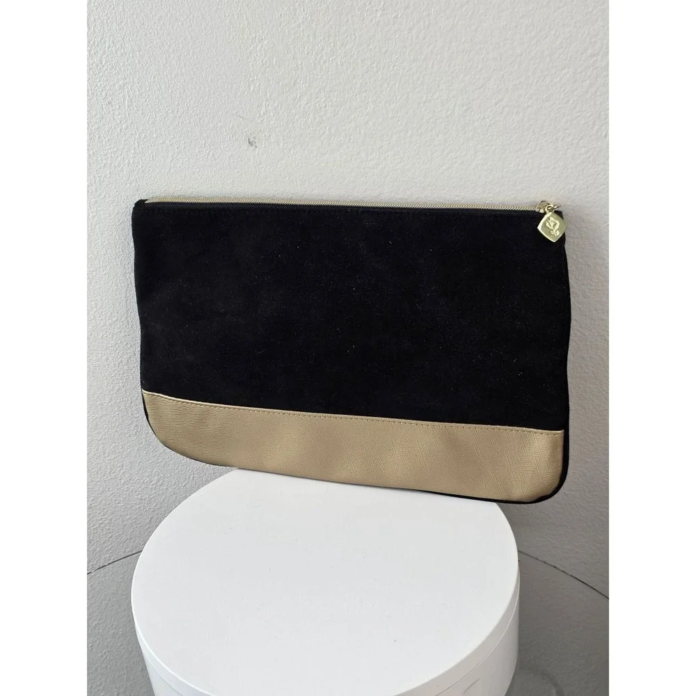 Lancome Paris Black Faux Suede and Gold Metallic Makeup Bag Clutch Zipper Pouch